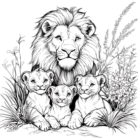 Monochrome Lion and Cubs