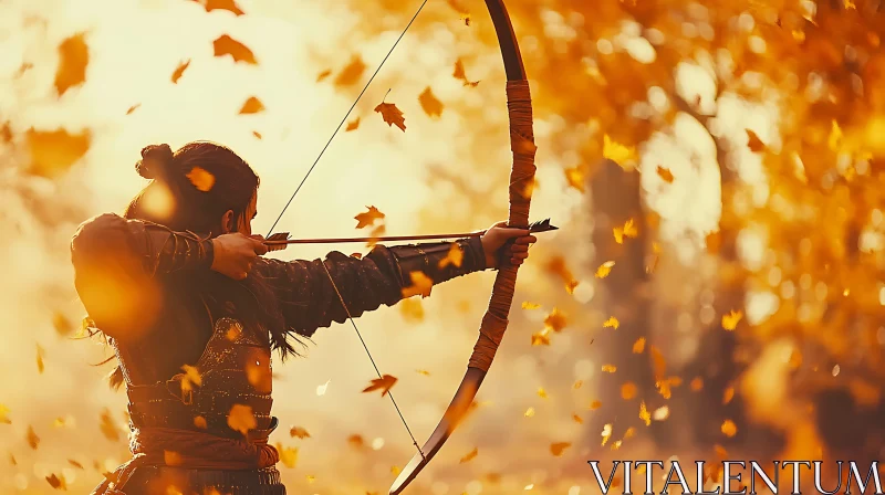 Warrior with Bow in Falling Leaves AI Image