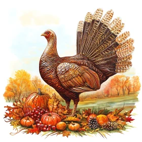 Festive Turkey Amongst Autumn Harvest Bounty