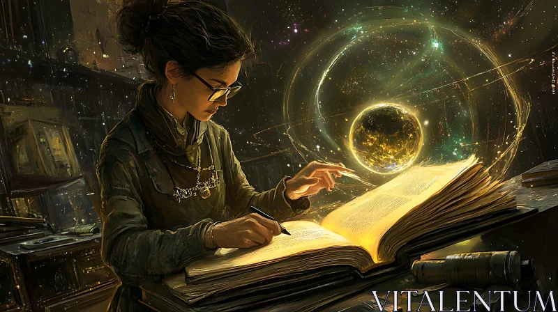 Woman writing in a book with planet AI Image