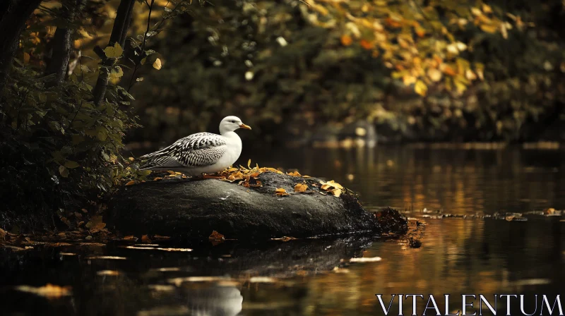 Autumnal Duck Resting by Calm Waters AI Image