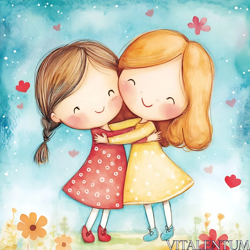 Cartoon Girls Hugging Illustration AI Image