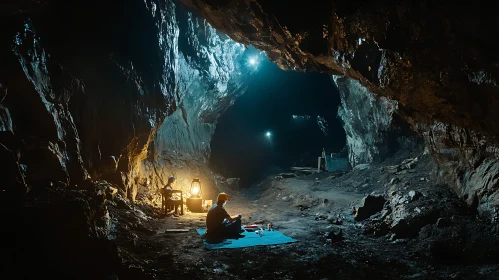 Cave Interior with Lantern Light