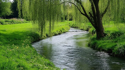 Peaceful River with Weeping Willow in Green Landscape