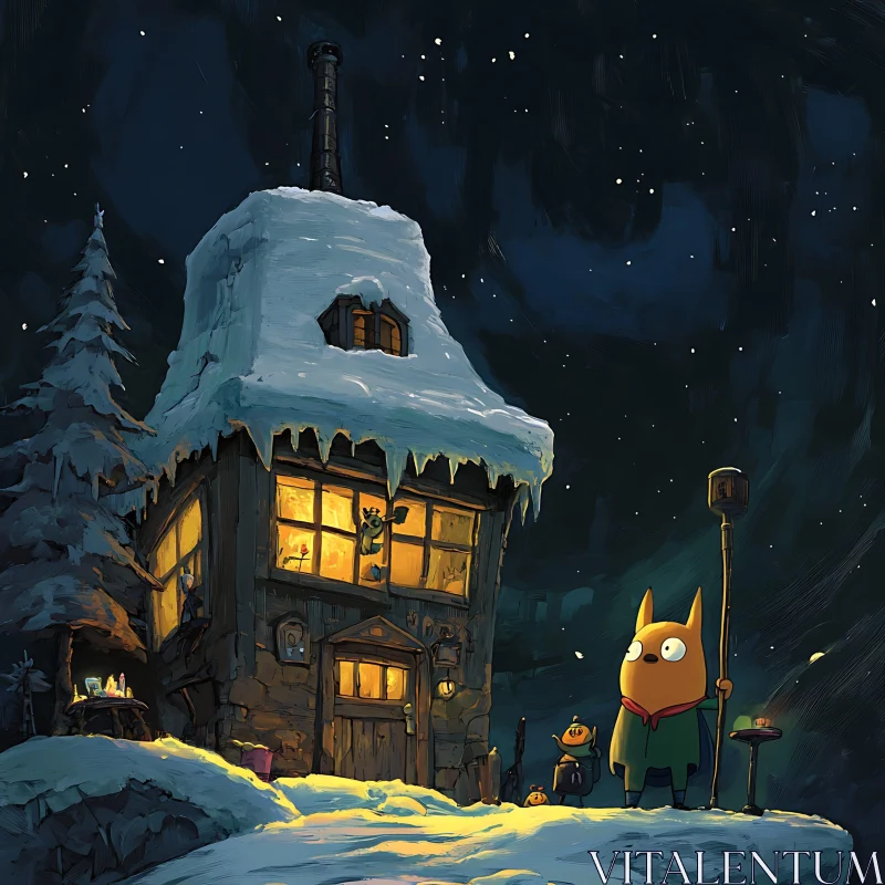 AI ART Snowy Cartoon House at Night