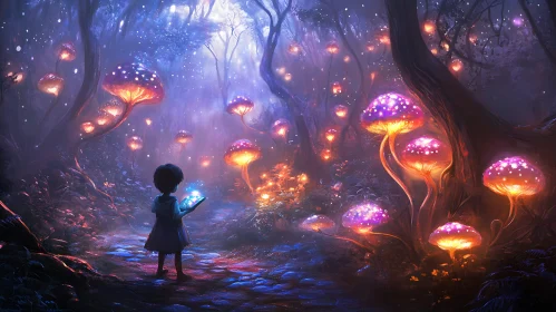 Child in Luminous Mushroom Forest