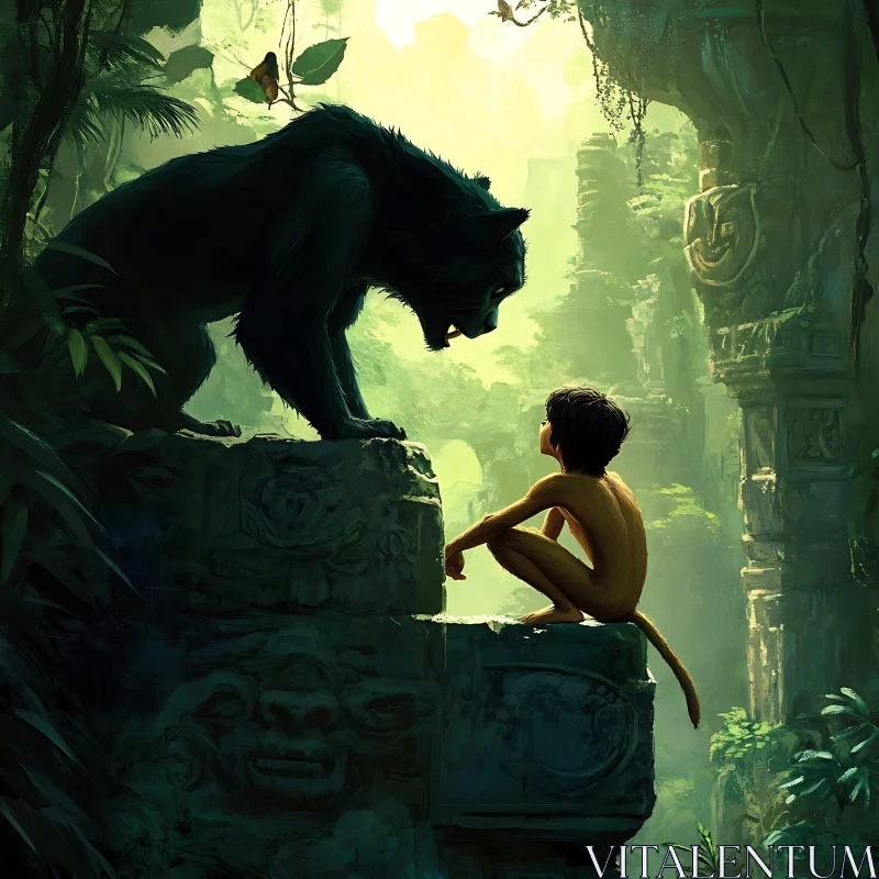 Boy and Panther in Ancient Jungle Ruins AI Image