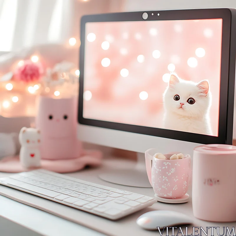 Cute White Kitten on Computer Screen in Cozy Workspace AI Image