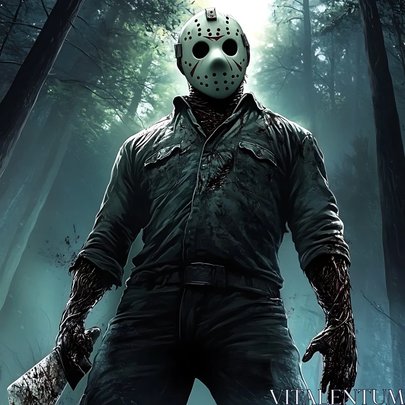 Masked Figure in Dark Forest AI Image