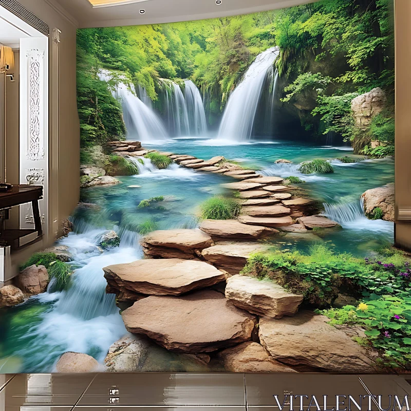 AI ART Nature-Inspired Indoor Waterfall Mural