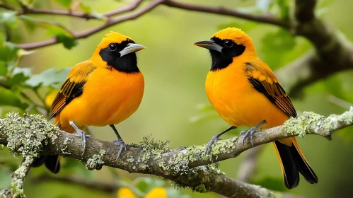 Pair of Orioles on a Mossy Limb