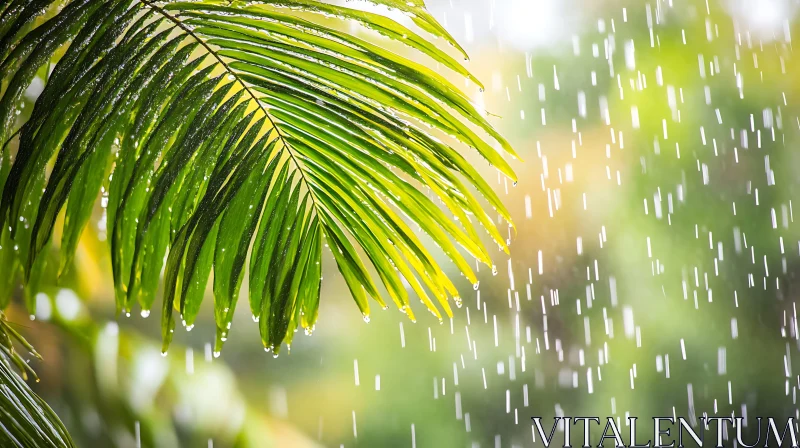 Palm Leaf in Radiant Rain AI Image