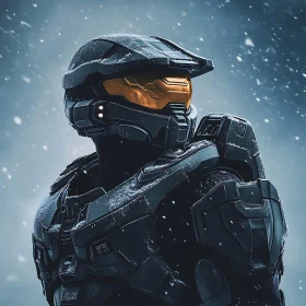 Futuristic Armored Figure in Snowfall
