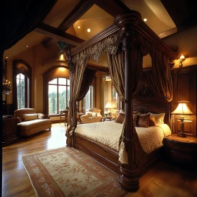 Opulent Bedroom Decor with Canopy Bed and Wooden Furniture