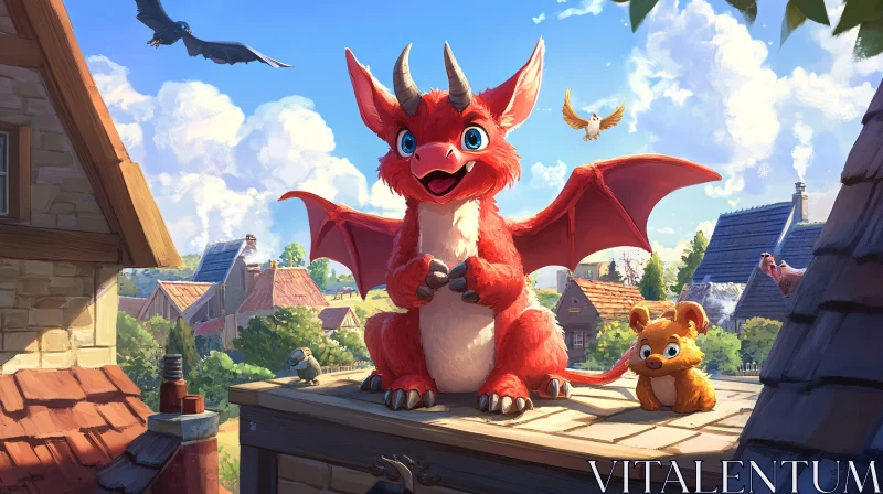 Red Dragon on Rooftop AI Image