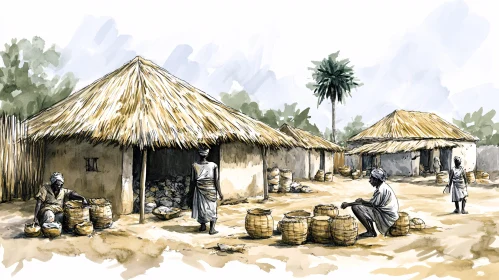 African Village Watercolor Art