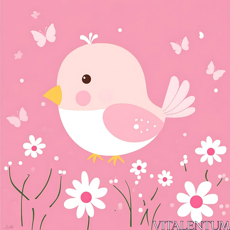 Pastel Bird in a Floral Meadow AI Image