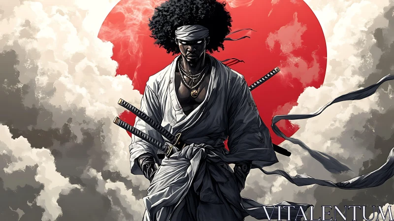 Samurai Warrior with Afro and Swords AI Image