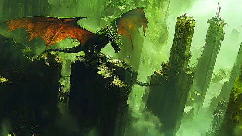 Fantasy Dragon in Overgrown Cityscape