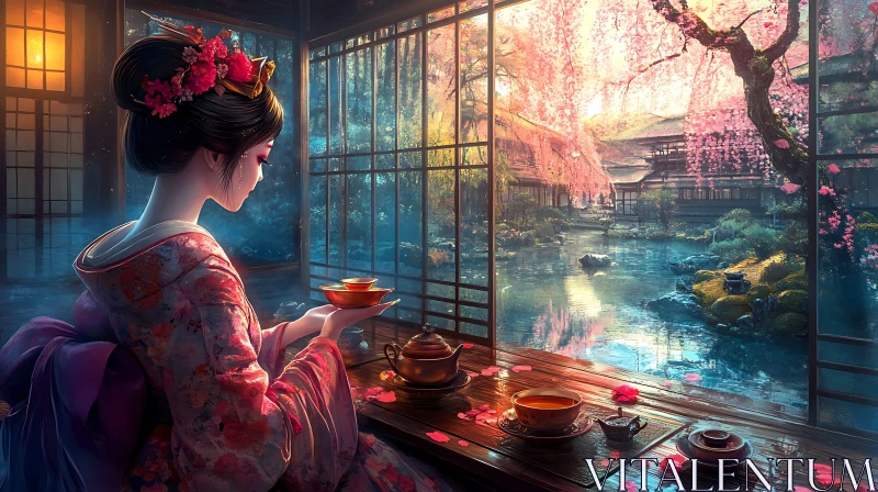 Japanese Woman Enjoying Tea Ceremony AI Image