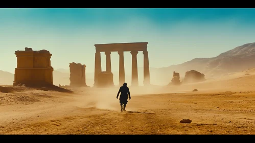 Solitary Wanderer Among Desert Ruins
