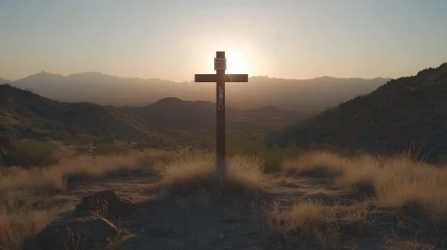 Mountain Sunset with Cross