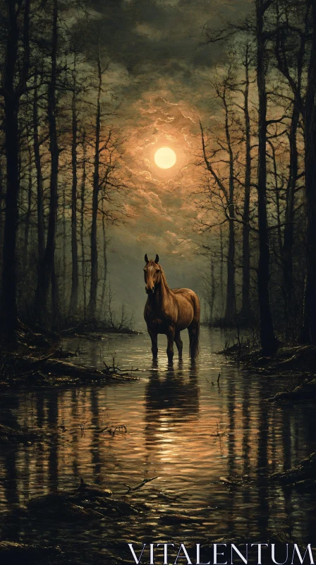 Solitary Horse Bathed in Moonlight AI Image