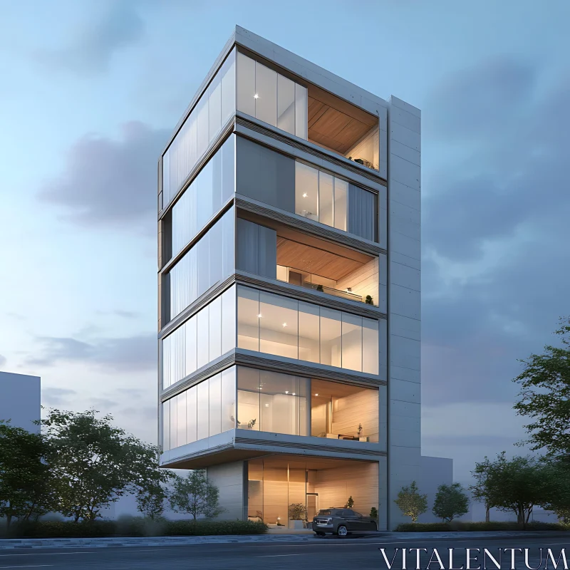 AI ART Sleek Urban High-Rise with Glass and Wooden Accents