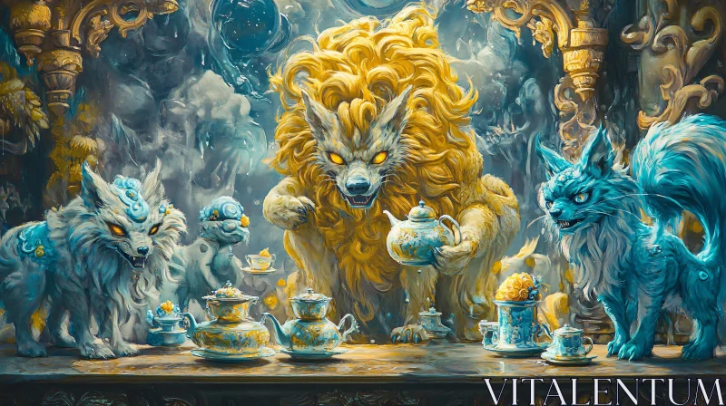 Whimsical Tea Party with Wolf-like Characters AI Image