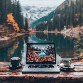 Mountain Lake Workspace with Laptop and Coffee