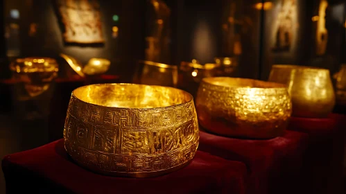 Gleaming Gold Bowls on Red Fabric