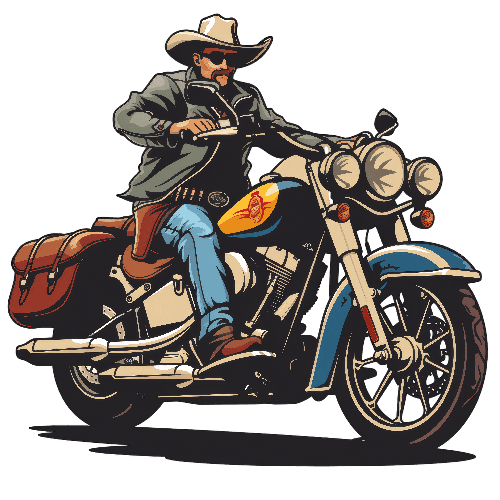 Cowboy Riding a Motorcycle on a Transparent Background POD Design