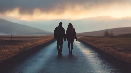 Couple's Sunset Stroll on Rural Road