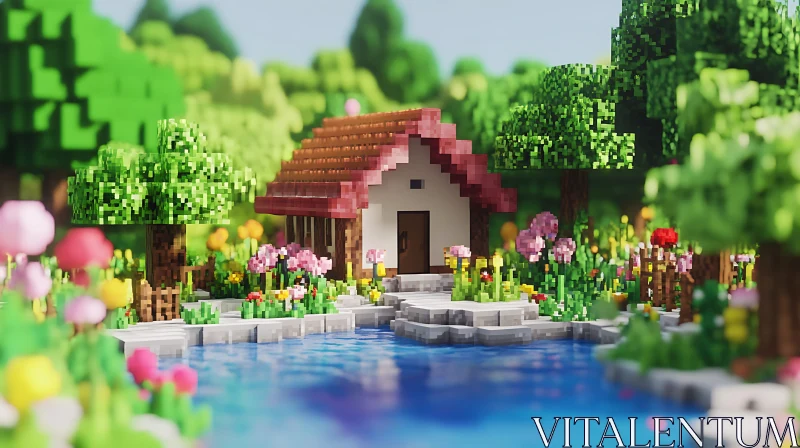 Blocky Home Near Water AI Image