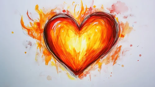 Burning Heart Watercolor Art Passionate Love