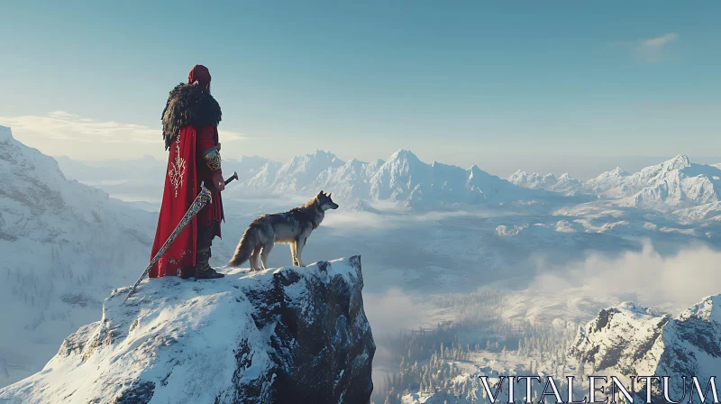 Red Warrior with Wolf on Mountain Top AI Image