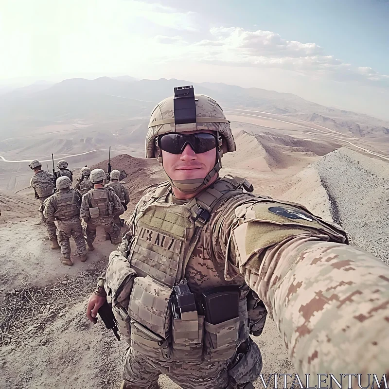 Military Personnel in Arid Terrain Selfie AI Image