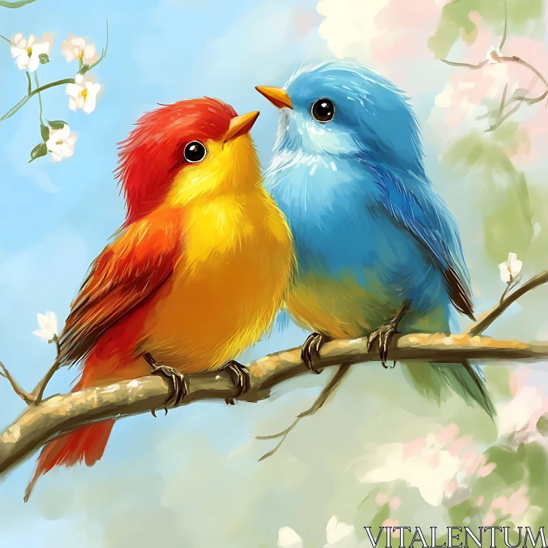 Colorful Birds Perched on Floral Branch AI Image