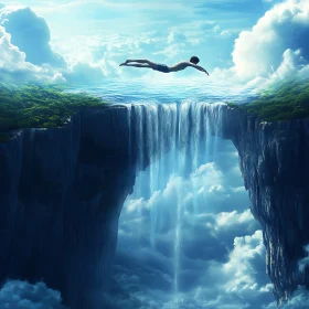 Man Diving into Waterfall Dreamscape