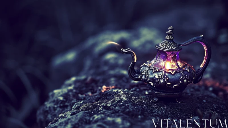 Enchanting Silver Teapot with Purple Light | Still Life Photography AI Image