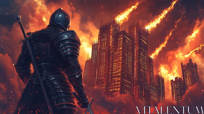 AI ART Armored Knight Facing Inferno City