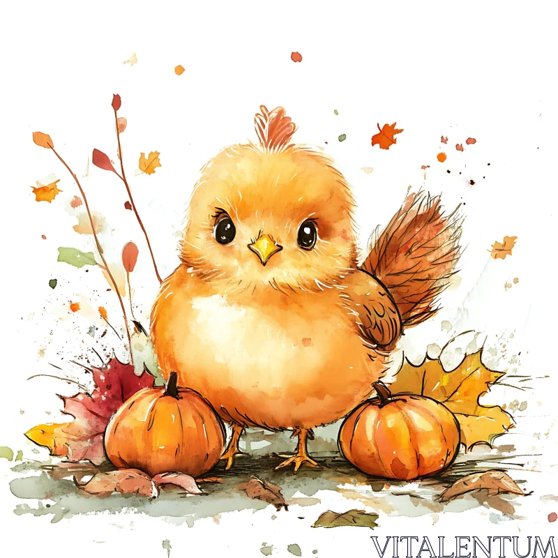 Watercolor Bird with Pumpkins and Leaves AI Image