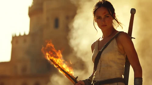 Female Warrior with Sword on Fire