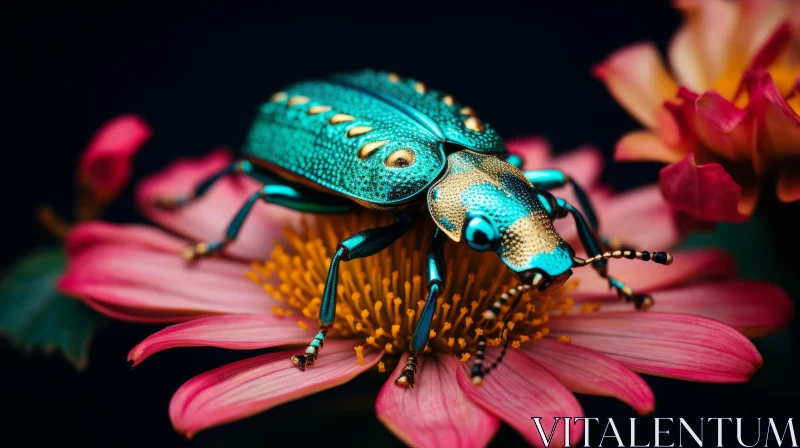 Intriguing Beauty of Metallic Beetle on Pink Flower AI Image