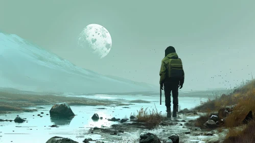 Lonely Figure Standing on Edge of Frozen Lake