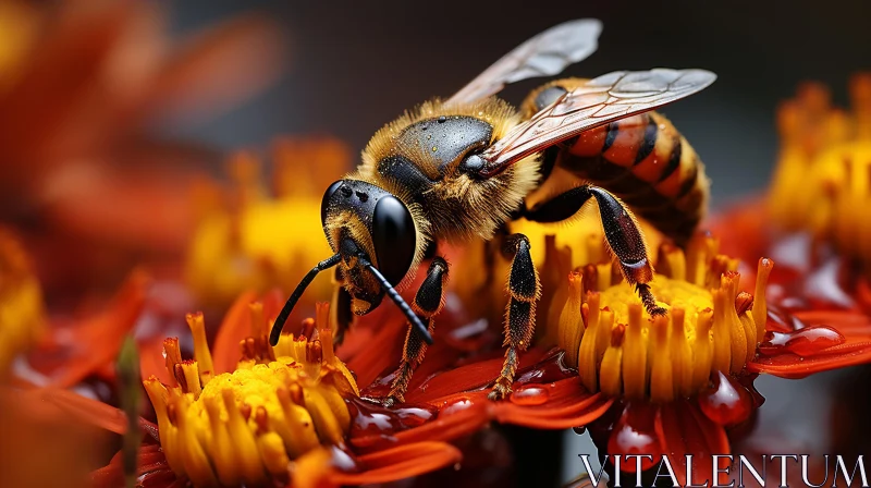 Macro Shot of Bee Pollinating an Orange Flower AI Image