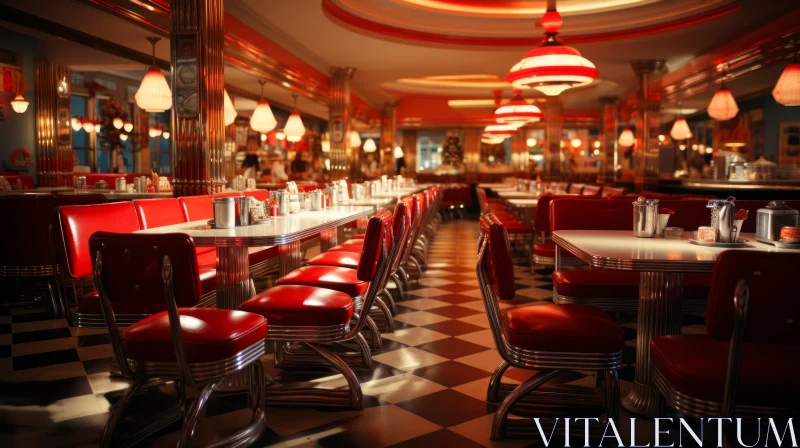 Retro-Styled Restaurant with Red Chairs and Checkered Floor AI Image