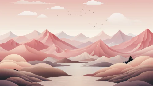 Subtle Earth Tones Mountain Forest Landscape Illustration