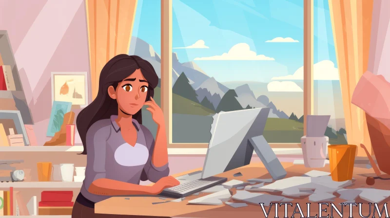 Woman at Work in Broken Office - Mountainous Vistas - Cartoon Style AI Image