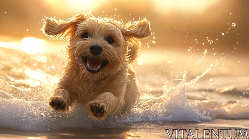 AI ART Happy Golden Puppy Splashing in the Shallow Beach Waters